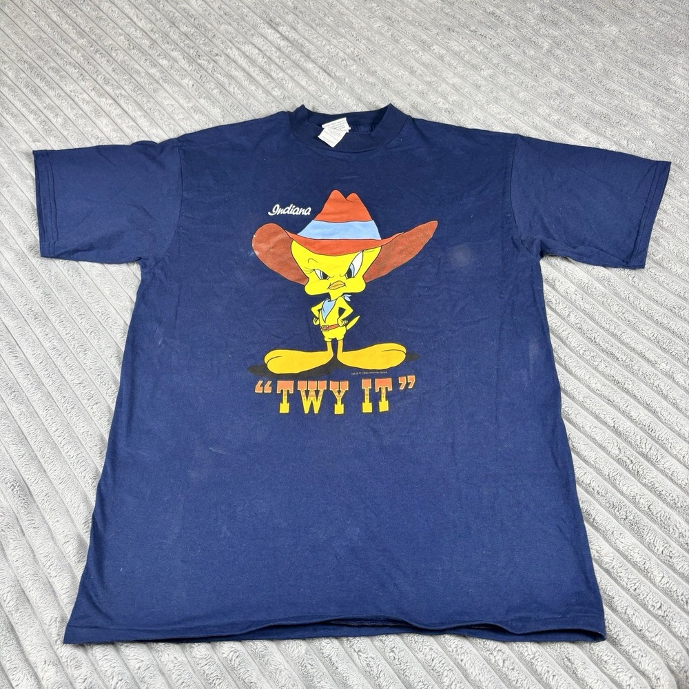 Vintage Tweety Bird Shirt Adult Large‎ Blue Western 90s Looney Tunes Cowboy